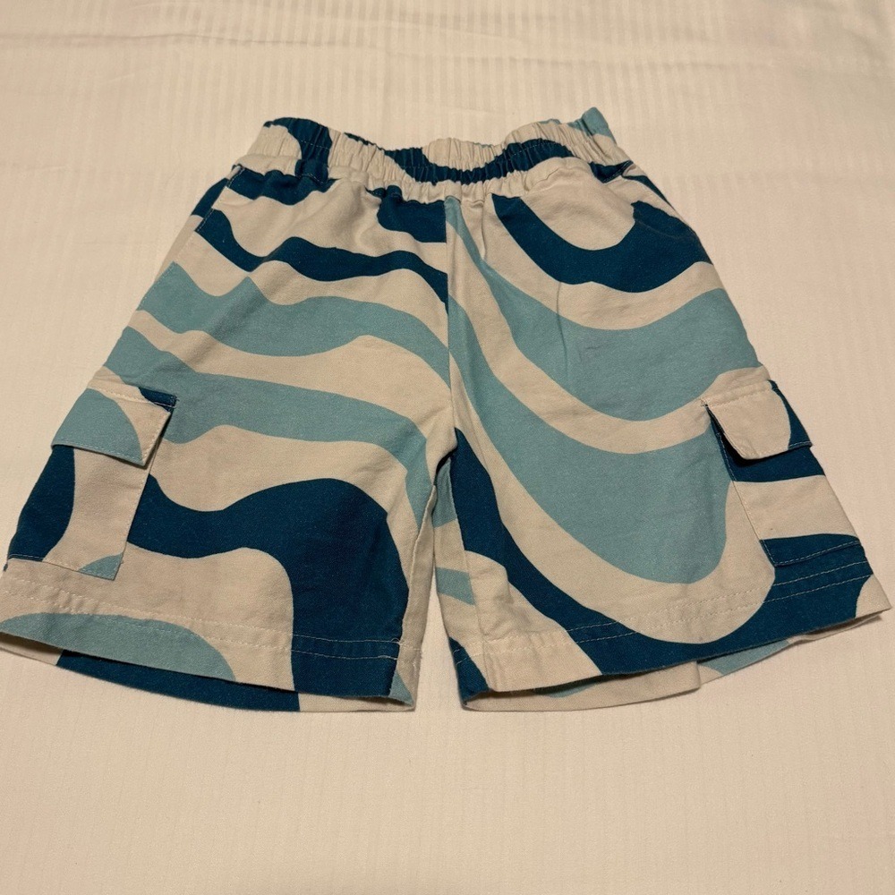 Chaser Boys Blue White Wavy Swirl Print Cargo Shorts Size 6 Elastic Waist